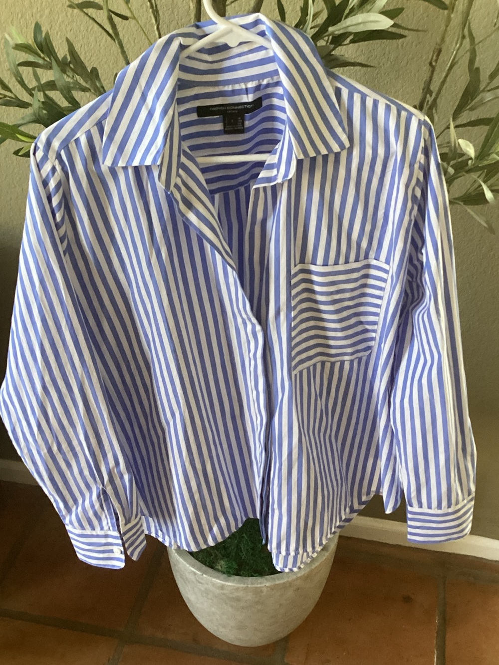 French Connection Long Sleeve Blue/White Stripe Relaxed Popover Shirt